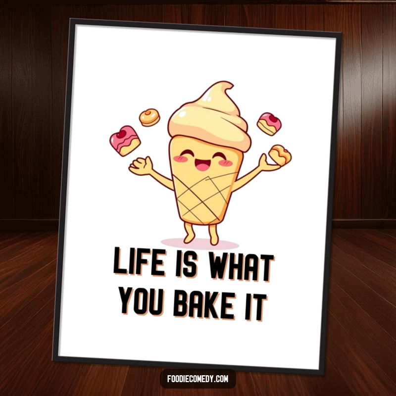 Funny Free Printable Wall Art of a smiling scone character joyfully juggling small pastries, perfect for kitchen decor.