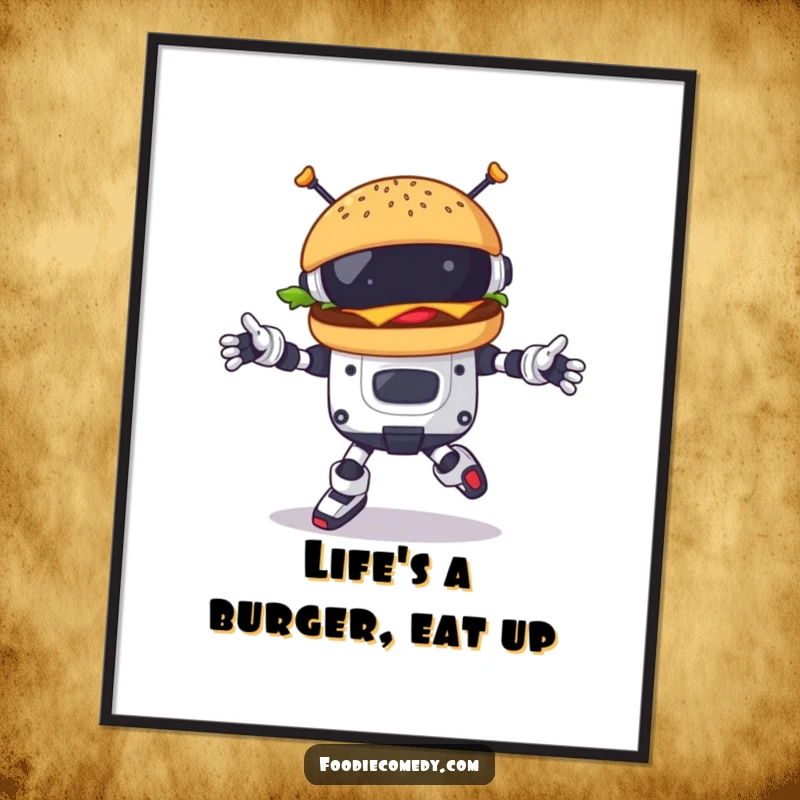 Funny Free Printable Wall Art: A bouncing burger character performing a stiff robotic dance.