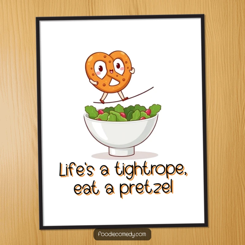 Funny free printable wall art: A kawaii pretzel performing a daring tightrope walk over a salad bowl, bringing quirky charm to your walls.