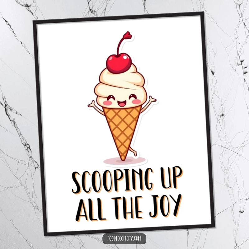 Funny free printable wall art of a kawaii ice cream cone with a cherry head doing a happy jig, bringing sweetness and fun.