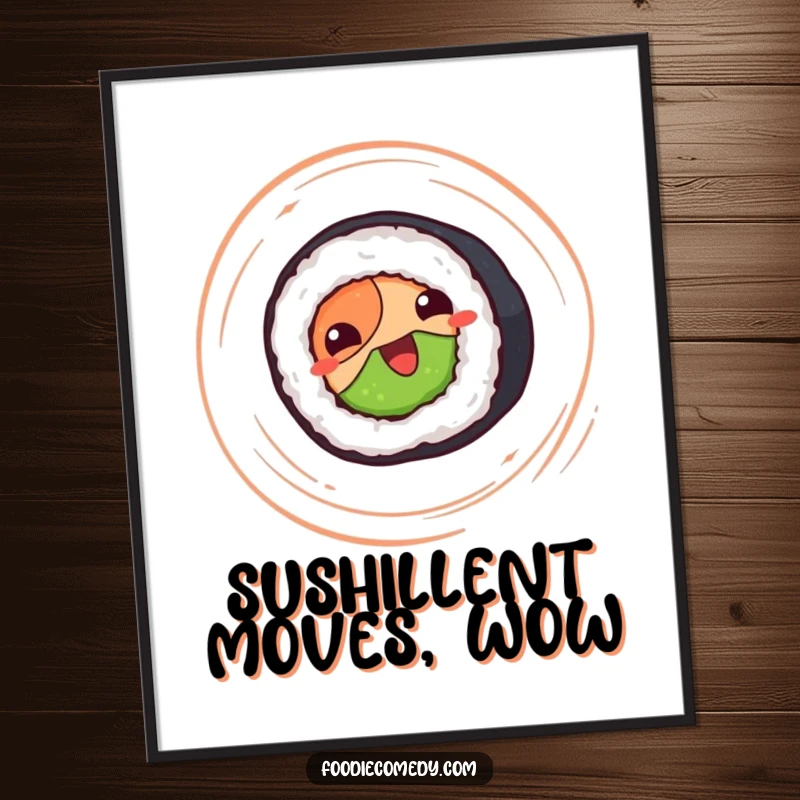 Funny Free Printable wall art: A happy sushi roll spinning in enthusiastic circles, adding a playful and energetic touch.