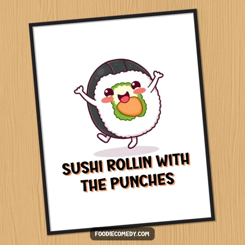 Funny Free Printable Wall Art of a cheerful sushi roll character in mid-cartwheel, bringing playful energy and food-themed fun to your decor.
