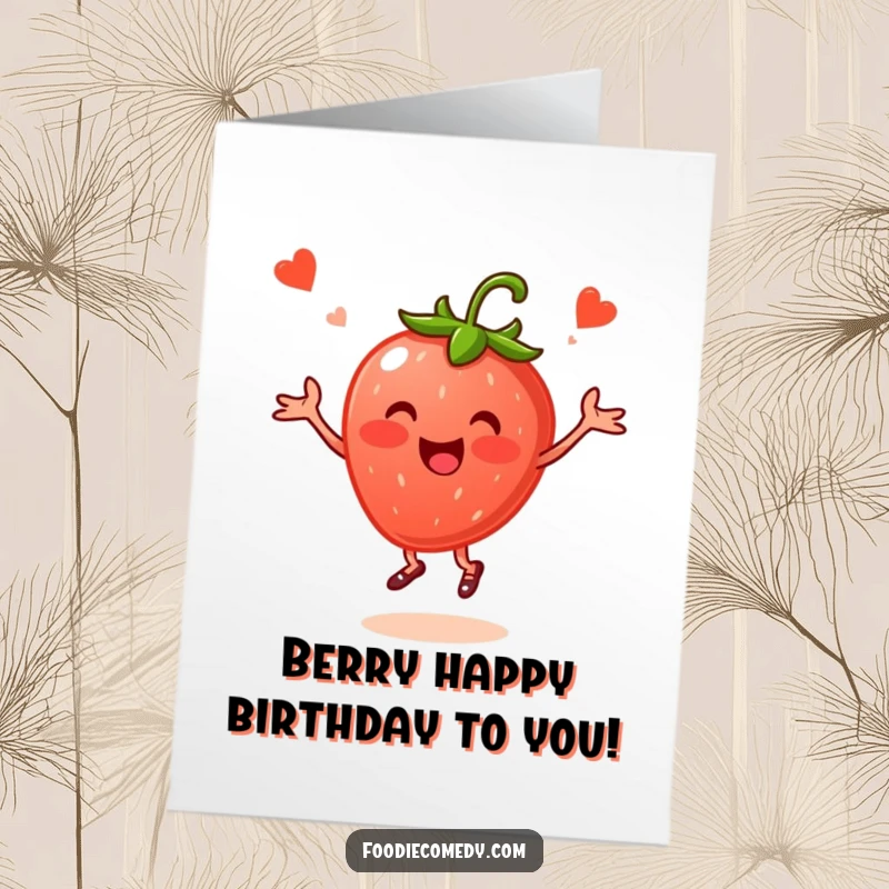 Funny Free Printable Birthday Card: Cheerful strawberry doing a lively folk dance, a happy berry full of rhythmic energy.