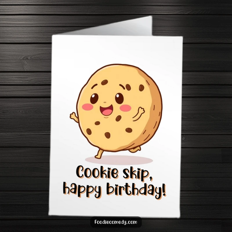 Funny Free Printable Birthday Card: Smiling cookie doing a happy little skip, radiating pure joy. A sweet and bouncy design.
