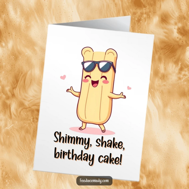 Funny Free Printable Birthday Card: Delighted baguette grooving with a shimmy, full of festive energy. A deliciously fun design.