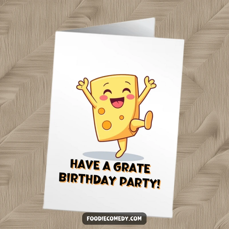 Funny Free Printable birthday card: A smiling cheese wedge performing an energetic celebratory high kick. Hilarious downloadable greeting.