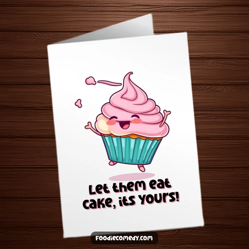 Funny Free Printable Birthday Card: A delightful cupcake character twirling with frosting flying in the air.