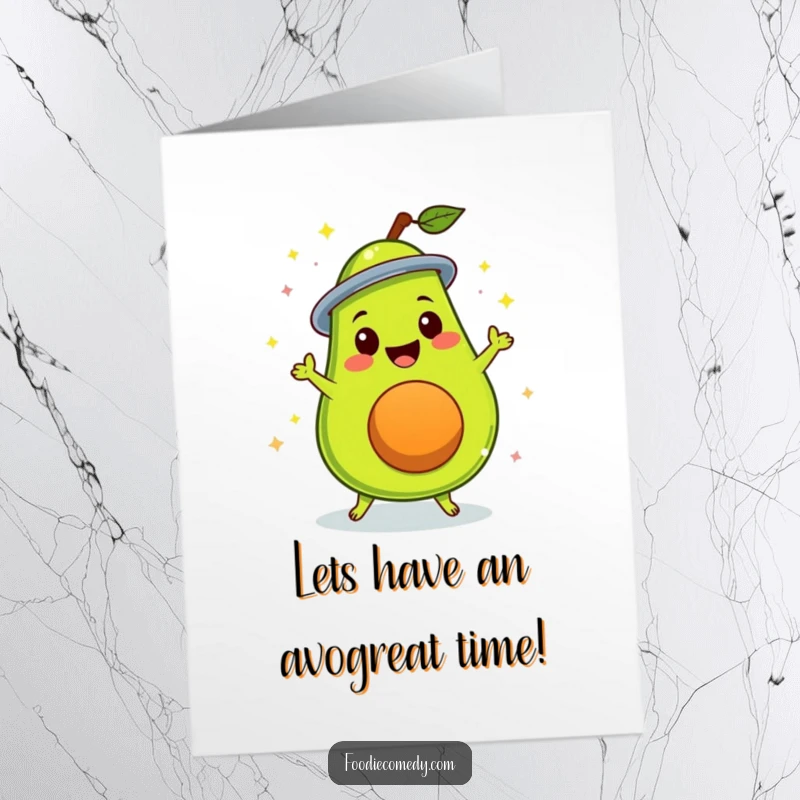 Funny Free Printable birthday card: A delighted avocado spinning energetically to disco music. Funky downloadable greeting.