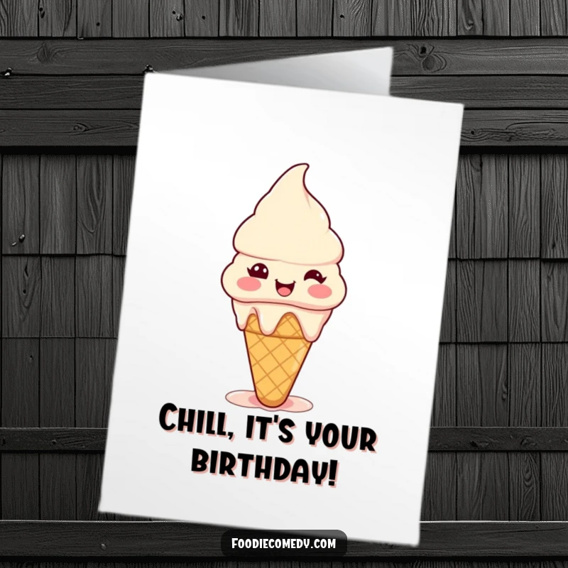 Funny Free Printable Birthday Card: A tiny ice cream cone melts with pure joy, celebrating a birthday.