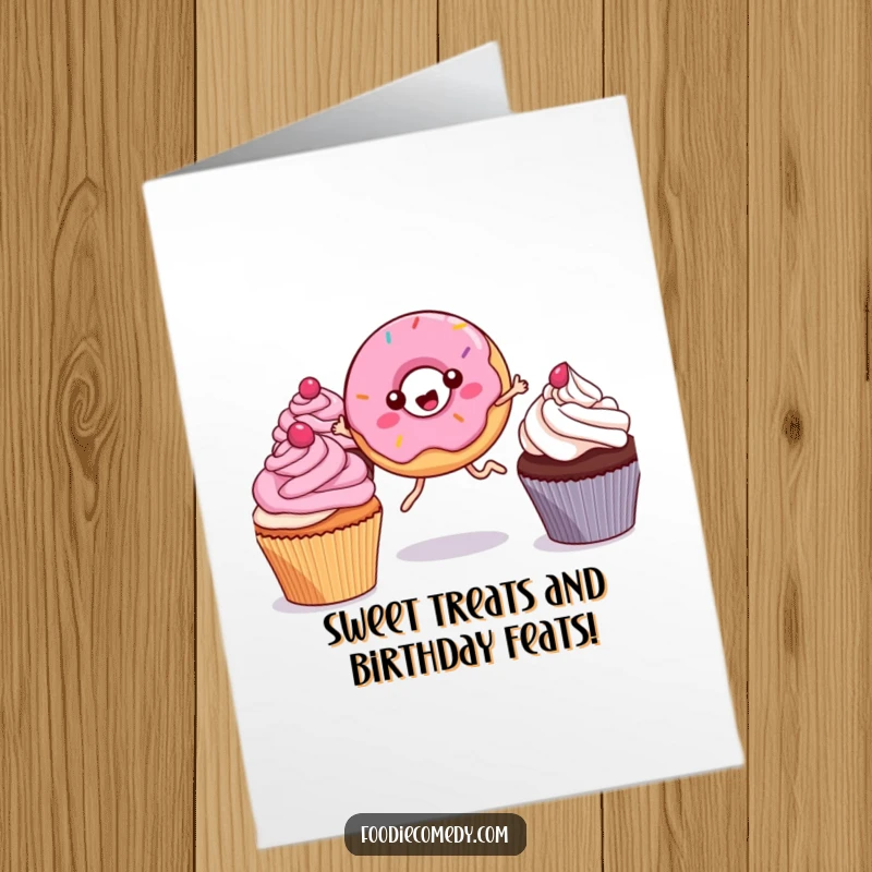 Funny Free Printable Birthday Card: Kawaii donut with legs, jumping excitedly over cupcakes, spreading birthday cheer and sweetness.