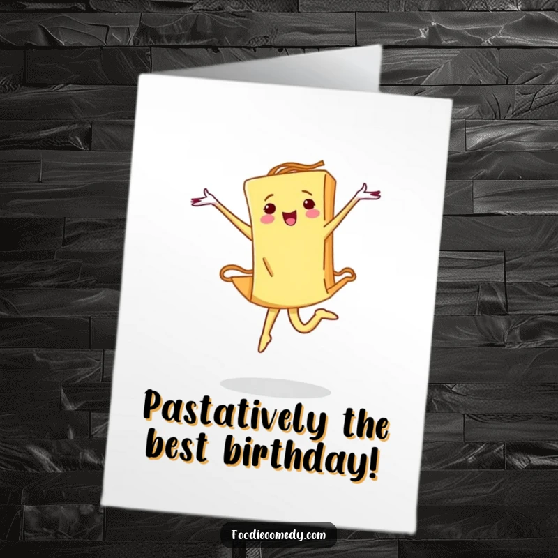 Funny free printable birthday card: A determined piece of pasta gracefully leaping in a ballet pose, celebrating with Italian flair.