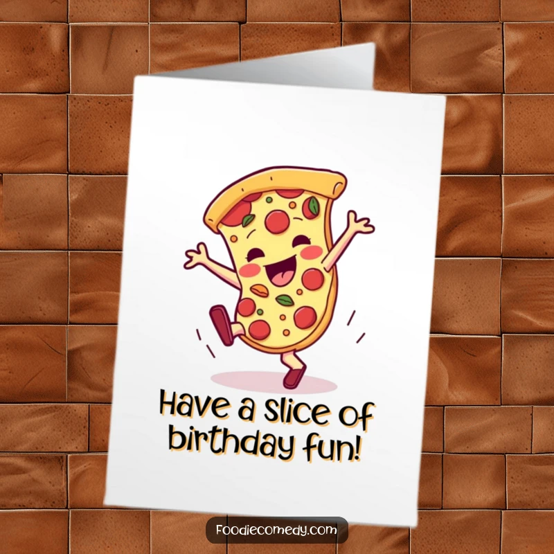 Funny Free Printable Birthday Card: A pizza slice breakdances wildly with toppings flying, celebrating a birthday.