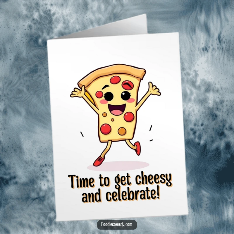 Funny Free Printable Birthday Card: A pizza slice with legs executes a high-energy breakdance spin with enthusiasm.