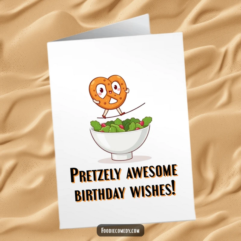 Funny free printable birthday card: A kawaii pretzel bravely walking a tightrope over a salad bowl, a daring wish for their birthday.