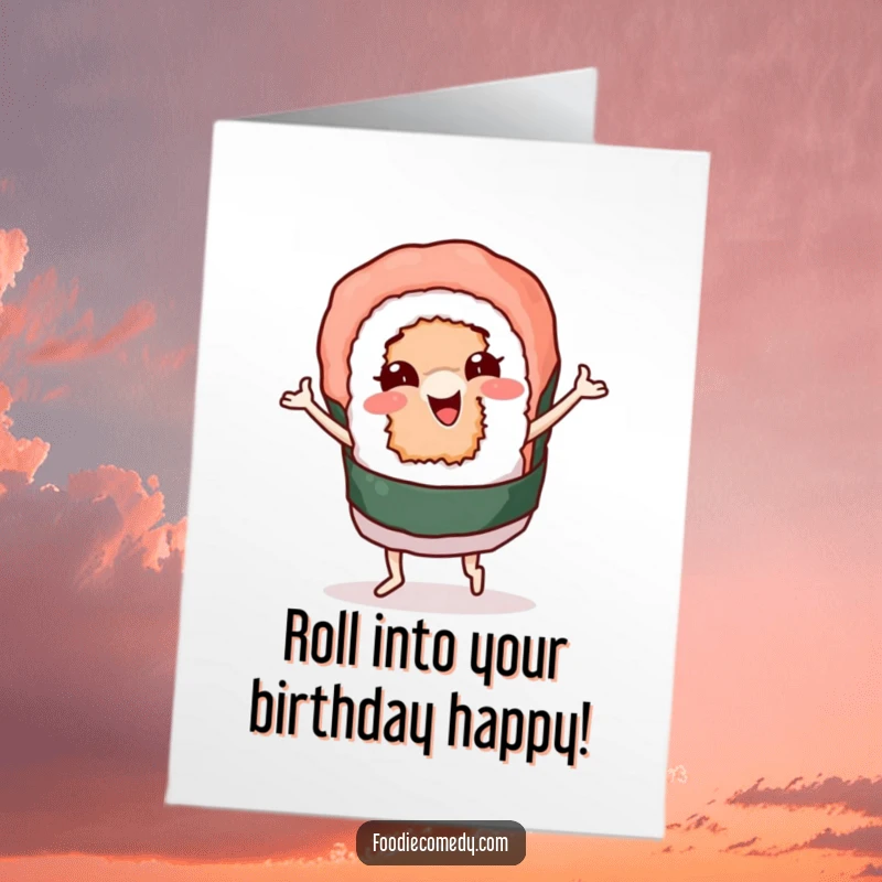 Funny Free Printable Birthday Card: A sushi roll character wiggling and dancing with joyous abandon.