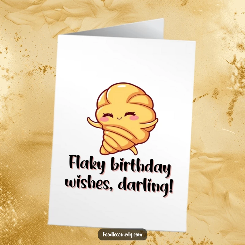 Funny free printable birthday card: A winking croissant executes a passionate flamenco swirl with flair, ready to celebrate.