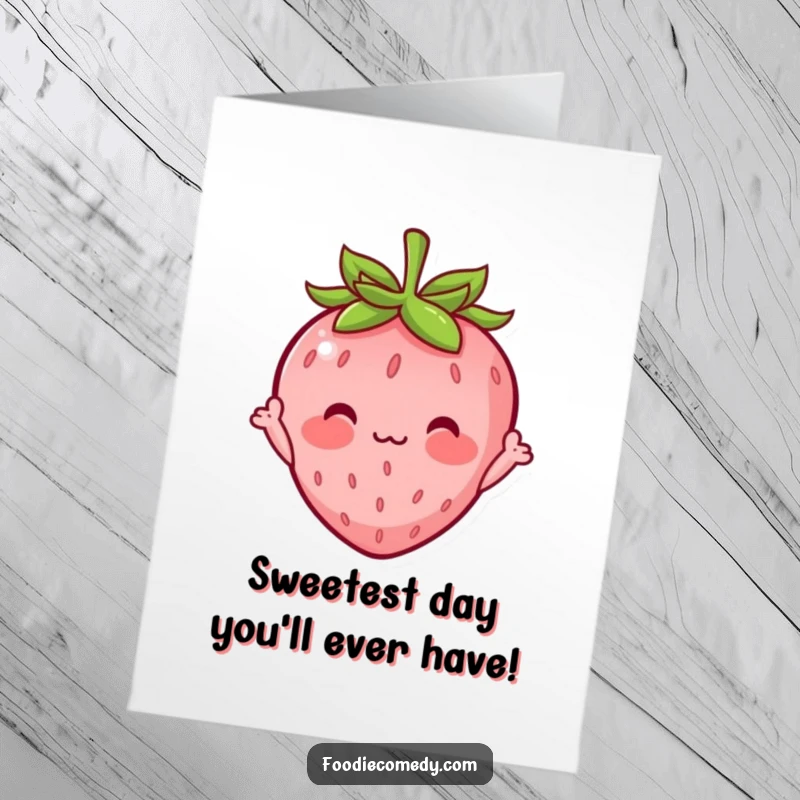 Funny Free Printable Birthday Card: A cute blushing strawberry with tiny arms waving hello shyly.