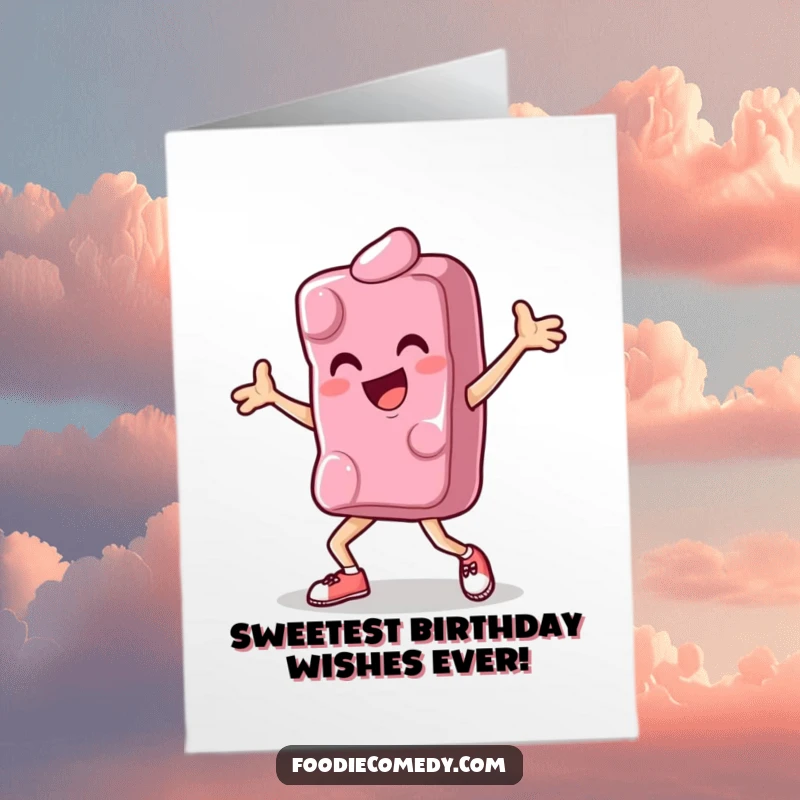 Funny Free Printable Birthday Card: A happy candy doing a dynamic breakdance move with sprinkles flying.