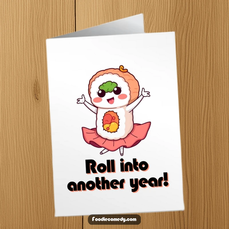 Funny Free Printable Happy Birthday Card: A cheerful sushi roll striking a flamboyant flamenco pose, ready to party.