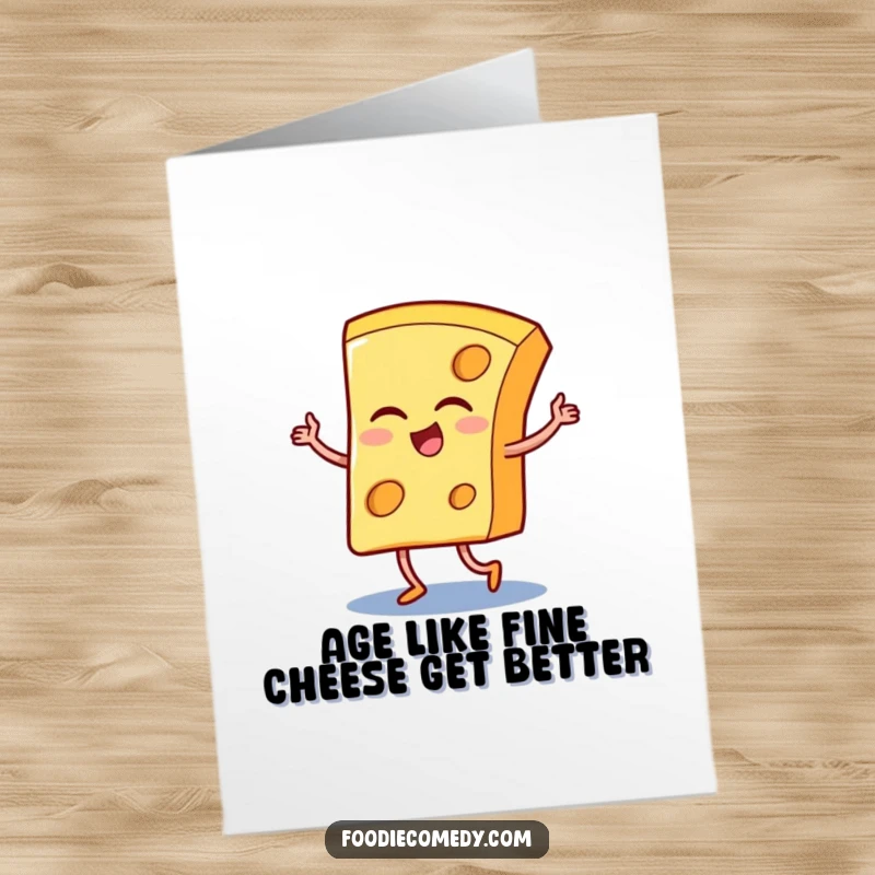 Funny Free Printable Birthday Card: A winking cheese slice doing the tango, ready to party and bring birthday joy.