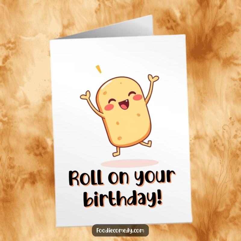 Funny Free Printable Birthday Card: A cheerful bread roll doing a celebratory jig, spreading birthday cheer with every bounce.