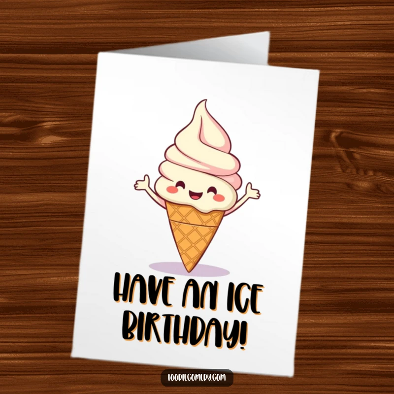 Funny Free Printable Birthday Card: A happy ice cream cone doing a cheerful boogie, ready to party and celebrate.