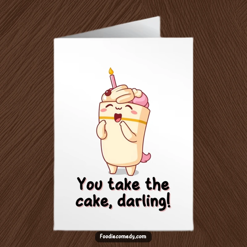 Funny Free Printable Birthday Card featuring a kawaii cake character taking a grand opera bow with a flourish.