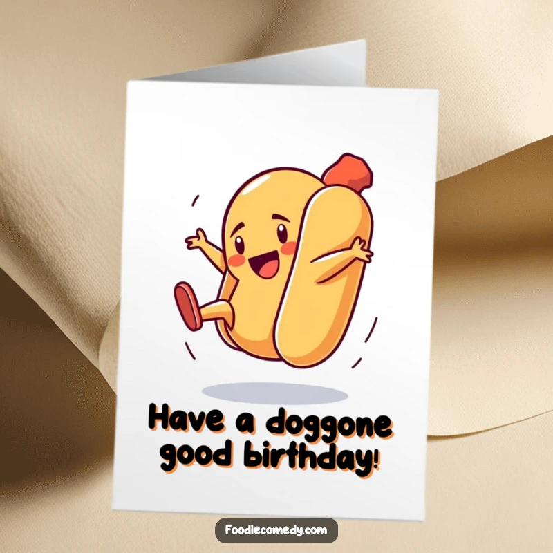 Funny Free Printable Birthday Card: A hot dog in a bun energetically breakdancing with birthday flair.