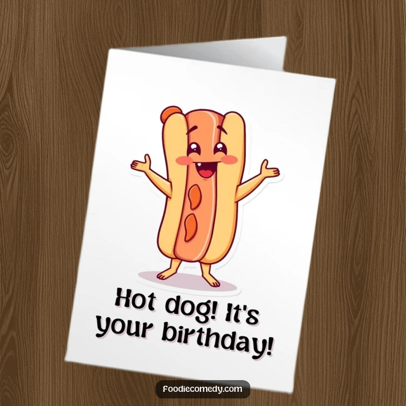 Funny Free Printable Birthday Card: A cheerful hot dog character doing a silly Charleston dance.