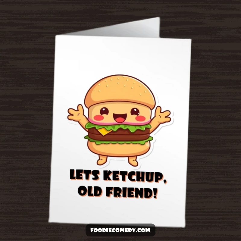 Funny Free Printable Birthday Card of a happy burger with arms outstretched, offering a warm, cheesy hug.