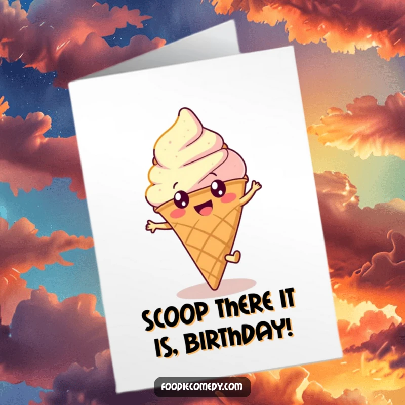 Funny Free Printable birthday card featuring a happy ice cream cone with bright eyes doing a cartwheel.