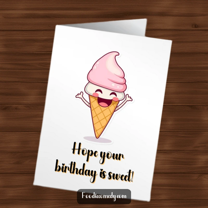 Funny free printable birthday card of a laughing ice cream cone doing a funky shimmy, celebrating a sweet birthday.