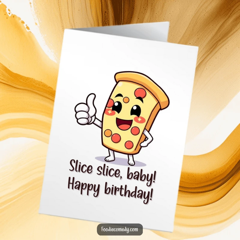 Funny free printable birthday card featuring an enthusiastic pizza slice character with a cheesy grin giving a thumbs-up.