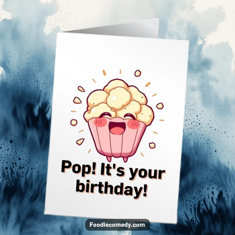 Funny Free Printable Birthday Card: Cute kawaii popcorn kernel bursting with joy, celebrating a spectacular birthday.
