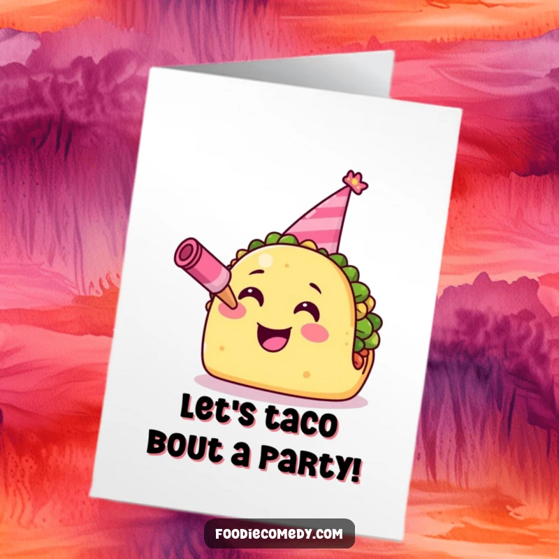 Funny Free Printable Birthday Card featuring a smiling taco wearing a tiny party hat and blowing a party horn with festive cheer.