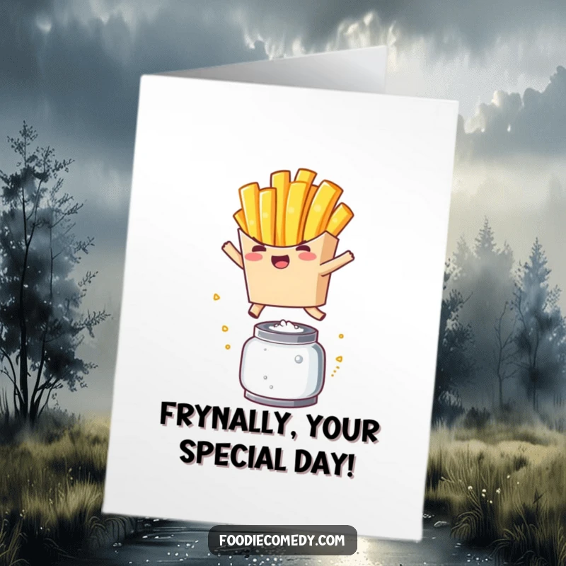 Funny Free Printable Birthday Card: Kawaii french fry character joyfully leaping over a salt shaker with energy.