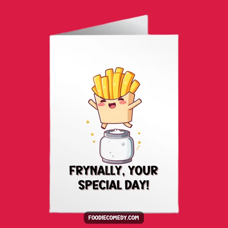 Free Printable Birthday Card: Funny Kawaii Fry Jumping Over Salt - Downloadable Gift