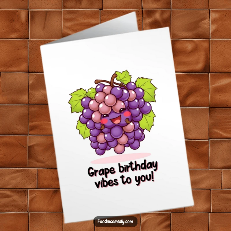Funny free printable birthday card: A bunch of cheeky grapes playfully cha-chas, ready to celebrate your special day.