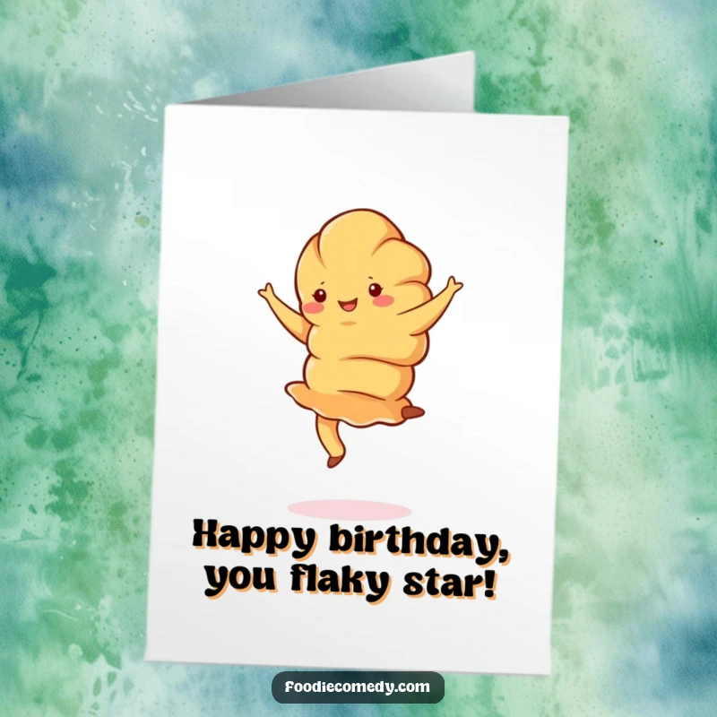 Funny Free Printable Birthday Card: A jubilant croissant pirouettes gracefully, covered in flour dust and birthday cheer.