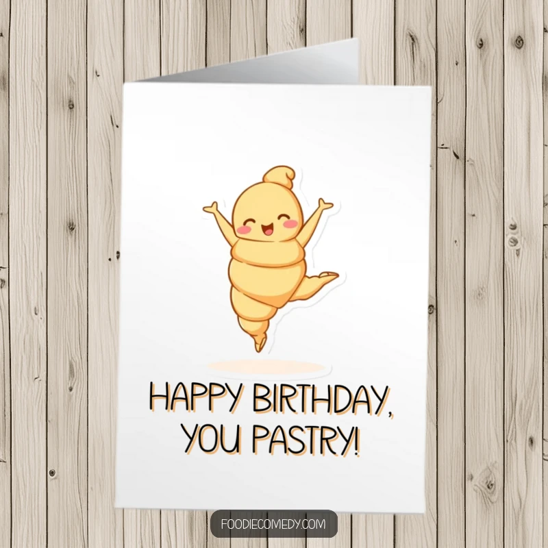 Funny Free Printable Birthday Card: A joyful croissant character performing a graceful ballet leap.