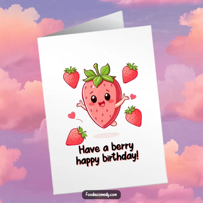 Funny free printable birthday card featuring a strawberry character joyfully twirling with excitement.