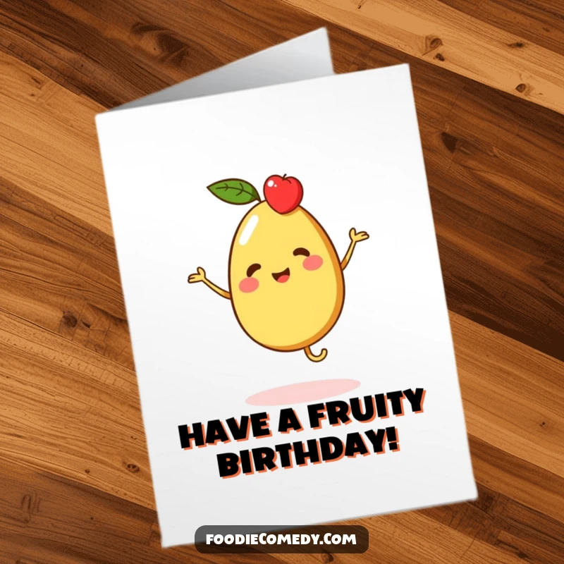 Funny Free Printable Birthday Card: A vibrant piece of fruit energetically doing a merry jig, spreading birthday cheer.