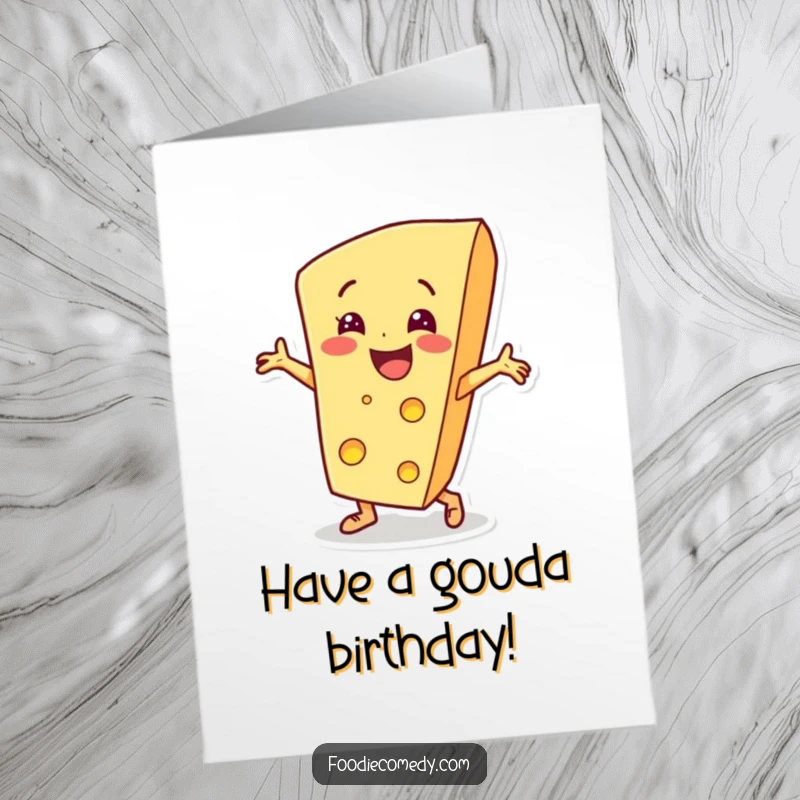 Funny Free Printable Birthday Card: A smiling cheese wedge character breakdancing with energy.