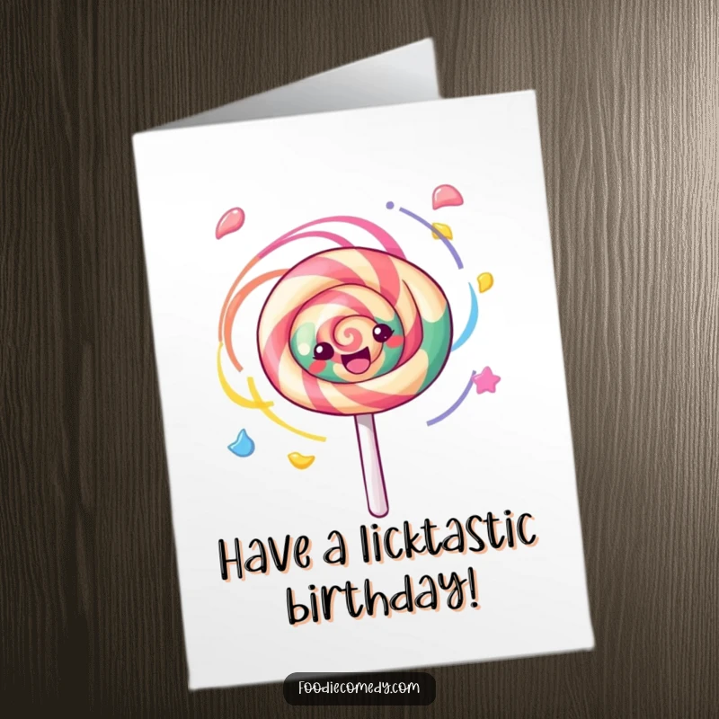 Funny Free Printable Birthday Card: Energetic kawaii lollipop spinning with vibrant swirls, celebrating a special day.