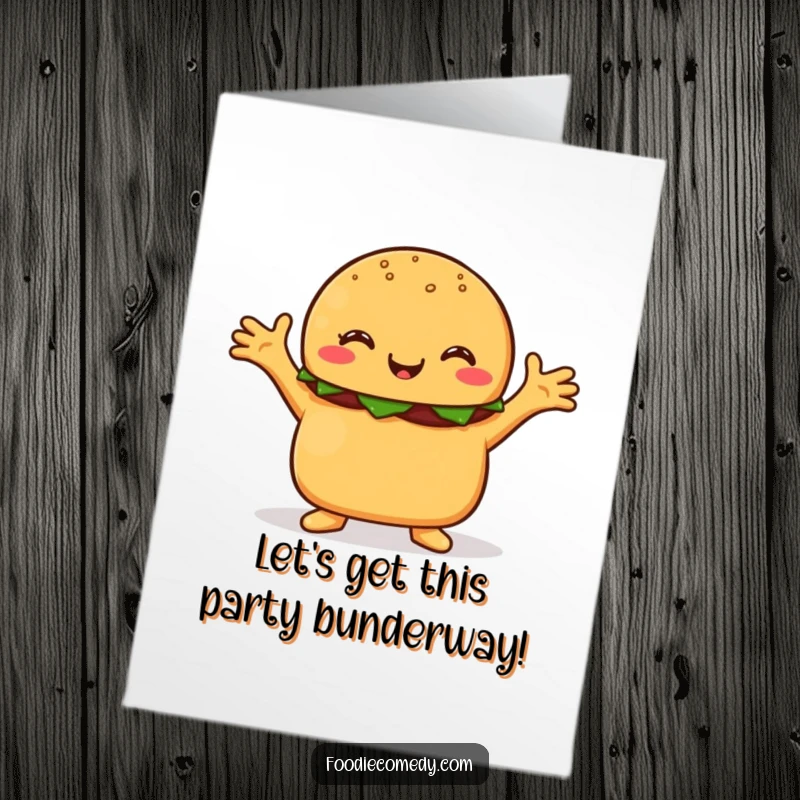 Funny free printable birthday card: a happy burger with its sesame seed bun and hands outstretched, offering a hug.