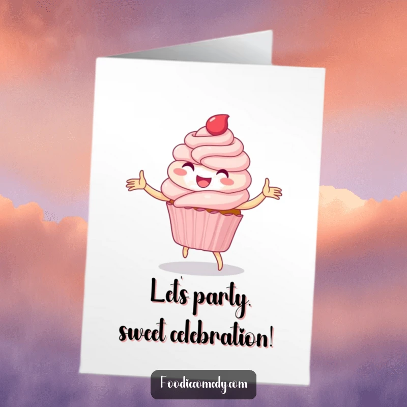 Funny Free Printable Birthday Card: A cheerful cupcake with frosting swirls, joyfully performing a whimsical folk dance with sprinkles.