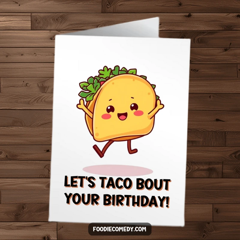 Funny free printable birthday card featuring a taco character with legs performing an energetic and amusing salsa dance.