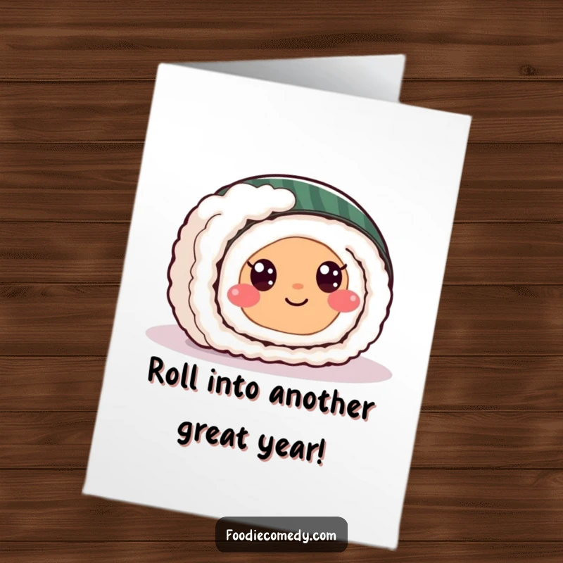 Funny Free Printable Birthday Card: Smiling sushi roll with eyes gleefully slides across a floor, spreading joy.