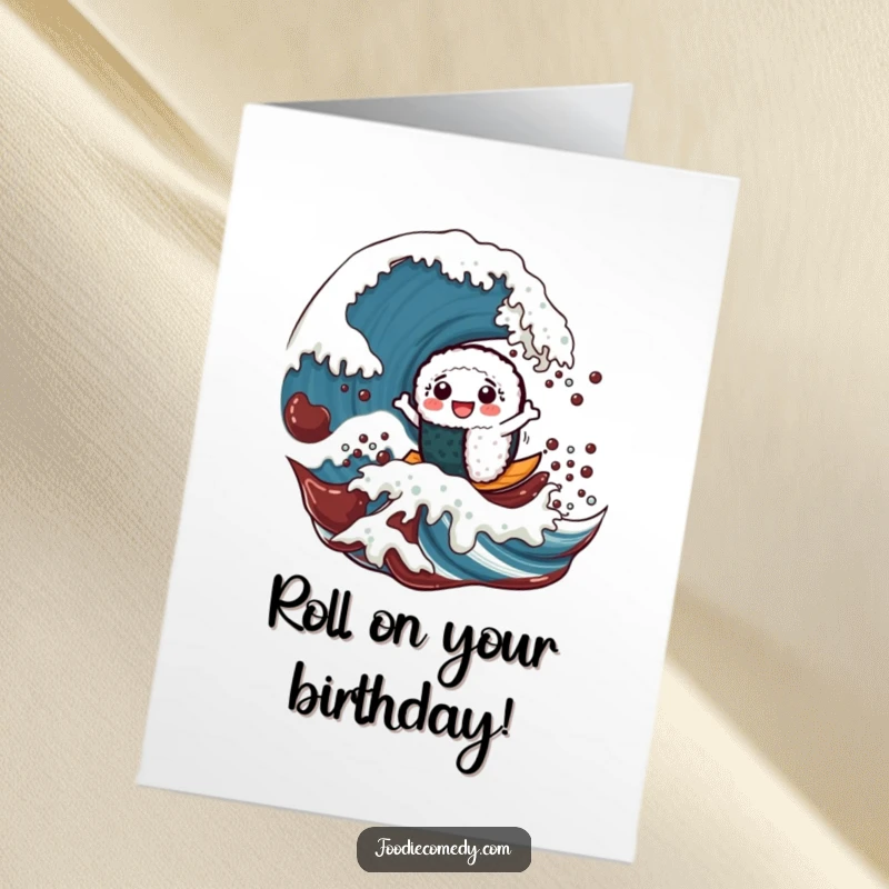 Funny Free Printable Birthday Card: a cheerful sushi roll character surfing a giant soy sauce wave.