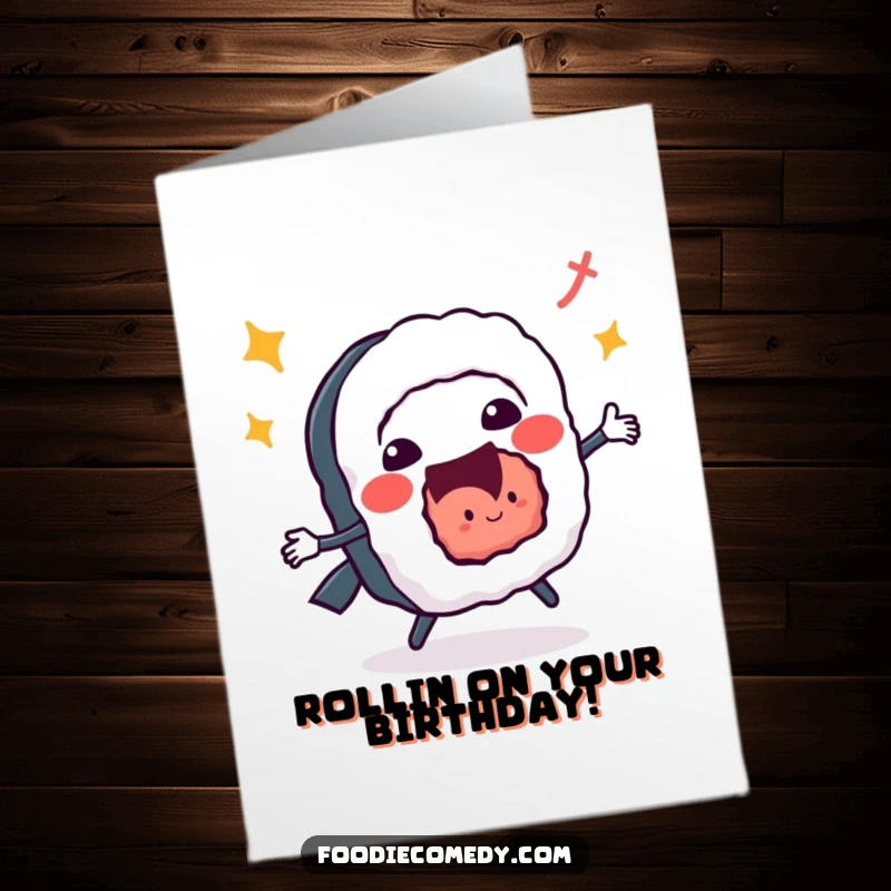 Funny free printable birthday card: A cheerful sushi roll energetically jitterbugs, ready to spice up your birthday celebration.
